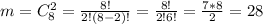 m=C_8^2=\frac{8!}{2!(8-2)!}=\frac{8!}{2!6!}=\frac{7*8}{2}=28