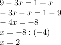 9 - 3x = 1 + x\\-3x -x = 1 - 9\\-4x = -8\\x = -8 : (-4)\\x = 2