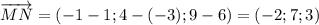 \overrightarrow{MN}=(-1-1;4-(-3);9-6)=(-2;7;3)