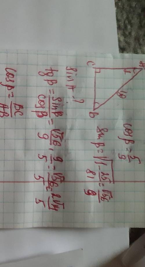 В прямоугольном треугольнике ABC угол С равен 90 градусов. AB=18, CosB=5/9, Найдите SinA, TgB. Площа