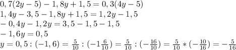 0,7(2y-5)-1,8y+1,5=0,3(4y-5)\\1,4y - 3,5 - 1,8y + 1,5 = 1,2y - 1,5\\-0,4y - 1,2y = 3,5 - 1,5 - 1,5 \\-1,6y = 0,5\\y = 0,5 : (-1,6) = \frac{5}{10} : (-1\frac{6}{10}) = \frac{5}{10} : (-\frac{16}{10}) = \frac{5}{10} * (-\frac{10}{16}) = - \frac{5}{16}