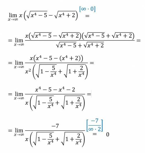 Вычислить пределы функций: lim x(√x^4-5-√x^4+2 ) x→∞