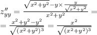 z''_{yy }= \frac{ \sqrt{ {x}^{2} + {y}^{2} } - y \times \frac{y}{ \sqrt{ {x}^{2} + {y}^{2} } } }{ {x}^{2} + {y}^{2} } = \\ = \frac{ {x}^{2} + {y}^{2} - {y}^{2} }{ \sqrt{ ({x}^{2} + {y}^{2} ) {}^{3} } } = \frac{ {x}^{2} }{ \sqrt{( {x}^{2} + {y}^{2}) {}^{3} } }