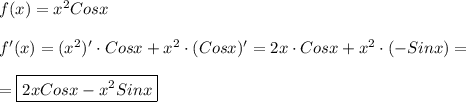 f(x)=x^{2}Cosx\\\\f'(x)=(x^{2} )'\cdot Cosx+x^{2}\cdot (Cosx)'=2x\cdot Cosx+x^{2} \cdot (-Sinx)=\\\\=\boxed{2xCosx-x^{2}Sinx}