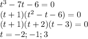 t^3-7t-6=0\\(t+1)(t^2-t-6)=0\\(t+1)(t+2)(t-3)=0\\t=-2;-1;3