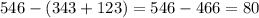 546 - (343 + 123) = 546 - 466 = 80