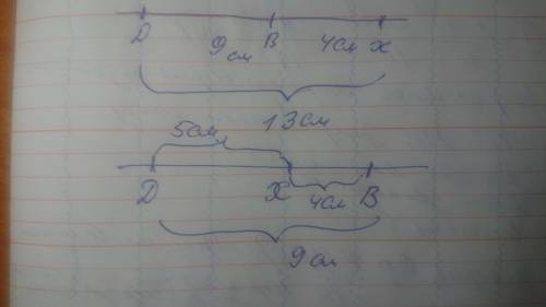 Точка Х лежит на прямой DB. Известно, что DB=9см, ВХ=4см. Какую длину может иметь отрезок DХ? В отве