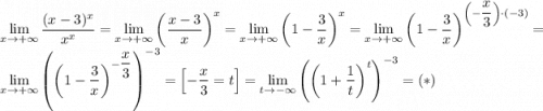 \lim\limits_{x\to+\infty}\dfrac{(x-3)^x}{x^x}=\lim\limits_{x\to+\infty}\left(\dfrac{x-3}{x}\right)^x=\lim\limits_{x\to+\infty}\left(1-\dfrac{3}{x}\right)^x=\lim\limits_{x\to+\infty}\left(1-\dfrac{3}{x}\right)^{\left(-\dfrac{x}{3}\right)\cdot {(-3)}}=\lim\limits_{x\to+\infty}\left(\left(1-\dfrac{3}{x}\right)^{-\dfrac{x}{3}}\right)^{-3}=\left[-\dfrac{x}{3}=t\right]=\lim\limits_{t\to-\infty}\left(\left(1+\dfrac{1}{t}\right)^{t}\right)^{-3}=(*)