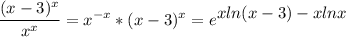 \displaystyle \frac{(x-3)^x}{x^x}=x^{-x}*(x-3)^x=e^\displaystyle{xln(x-3)-xlnx