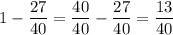 1-\dfrac{27}{40} =\dfrac{40}{40} -\dfrac{27}{40}=\dfrac{13}{40}