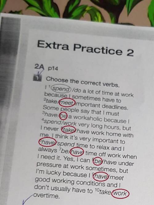 Choose the correct verbs. I'spend /do a lot of time at work because I sometimes have to 2take/meet i