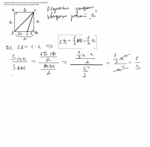 У квадраті ABCD точка E належить стороні AD причому DE:EA=1:2 обчислити відношення площ трикутників
