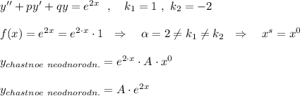 y''+py'+qy=e^{2x}\ \ ,\ \ \ k_1=1\ ,\ k_2=-2\\\\f(x)=e^{2x}=e^{2\cdot x}\cdot 1\ \ \Rightarrow \ \ \ \alpha =2\ne k_1\ne k_2\ \ \Rightarrow \ \ \ x^{s}=x^0\\\\y_{chastnoe\ neodnorodn.}=e^{2\cdot x}\cdot A\cdot x^0\\\\y_{chastnoe\ neodnorodn.}=A\cdot e^{2x}