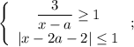 \left\{\begin{array}{c}\dfrac{3}{x-a}\ge 1\\|x-2a-2|\le1\end{array}\right;