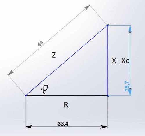 Решите задачу: R с C Дано: U=220 В; I=5 А; С=200 мкФ; L=0, 142 Гн Найти: R, Xc, S, Q, P, cosф Постро