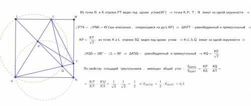 В квадрате KLMN на сторонах LM и MN выбраны соответственно точки S и T так, что угол SKT=45°. Диагон