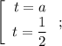 \left[\begin{array}{c}t=a\\t=\dfrac{1}{2}\end{array}\right;