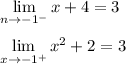 \displaystyle \lim_{n \to {-1^-}} x+4=3\\\\ \lim_{x \to {-1^+}} x^2+2=3