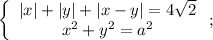 \left\{\begin{array}{ccc}|x|+|y|+|x-y|=4\sqrt{2}\\x^2+y^2=a^2\end{array}\right;