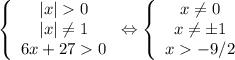 \left\{\begin{array}{c}|x|0\\|x|\not= 1\\6x+270\end{array}\right.\Leftrightarrow \left\{\begin{array}{c}x\not=0\\x\not=\pm 1\\x-9/2\end{array}\right.