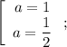 \left[\begin{array}{c}a=1\\a=\dfrac{1}{2}\end{array}\right;