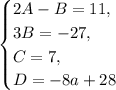 \begin{equation*}\begin{cases}2A-B=11,\\3B=-27,\\C=7,\\D=-8a+28\end{cases}\end{equation*}