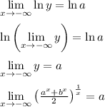 \lim\limits_{x \to -\infty} \ln y=\ln a \\ \\ \ln \left(\lim\limits_{x \to -\infty} y\right)=\ln a \\ \\ \lim\limits_{x \to -\infty} y=a \\ \\ \lim\limits_{x \to -\infty} \left( \frac{a^x+b^x}{2} \right)^\frac{1}{x} =a