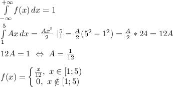 \int\limits^{+\infty}_{-\infty} {f(x)} \, dx =1 \\ \\ \int\limits^{5}_{1} {Ax} \, dx=\frac{Ax^2}{2} \ |^5_1=\frac{A}{2}(5^2-1^2)=\frac{A}{2}*24=12A \\ \\ 12A =1 \ \Leftrightarrow \ A=\frac{1}{12} \\ \\ f(x)=\left\{\begin{matrix} \frac{x}{12}, \ x \in [1;5) \\ 0, \ x \notin [1; 5)\\ \end{matrix}\right.