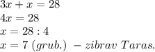 3x+x=28\\4x=28\\x=28:4\\x=7\ (grub.)\ - zibrav\ Taras.