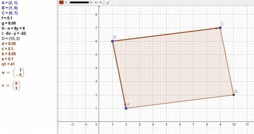 Даны последовательные вершины параллелограмма А(2;1), В(1;6), С(9;7). Найти его площадь.