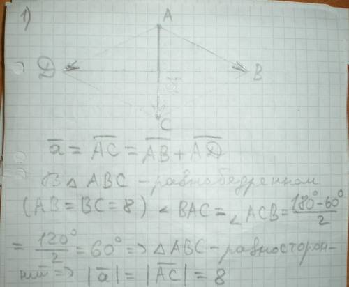 Задан ромб ABCD со стороной 8 см и острым углом ∠B=60°. Изобразите векторы а = AB+AD; b=BC-DC; c=AB+