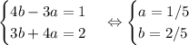 \begin{cases}4b-3a=1\\3b+4a=2\end{cases} \Leftrightarrow \begin{cases}a=1/5\\b=2/5\end{cases}