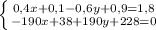 \left \{ {{0,4x+0,1-0,6y+0,9=1,8} \atop {-190x+38+190y+228=0}} \right.