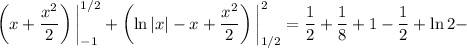 \displaystyle \left(x+\dfrac{x^2}{2}\right)\bigg|^{1/2}_{-1}+\left(\ln|x|-x+\dfrac{x^2}{2}\right)\bigg|^{2}_{1/2}=\dfrac{1}{2}+\dfrac{1}{8}+1-\dfrac{1}{2}+\ln2-