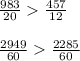 \frac{983}{20} \frac{457}{12} \\\\\frac{2949}{60} \frac{2285}{60}