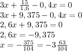 3x + \frac{15}{1,6} - 0,4x = 0\\3x + 9,375 - 0,4x = 0\\2,6x + 9,375 = 0\\2,6x = - 9,375\\x = -\frac{375}{104} = -3\frac{63}{104}