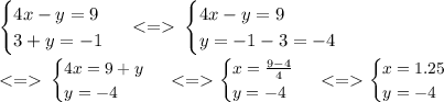 \begin{cases}4x-y=9 \: \\ 3+y=-1 \end{cases} \: < = \: \begin{cases}4x-y=9 \: \\ y=-1 - 3 = - 4\end{cases} \: \\ \small < = \: \begin{cases}4x=9 + y \: \\y=-4 \end{cases} < = \begin{cases}x= \frac{9 - 4} {4} \: \\ y=-4\end{cases} < = \begin{cases}x= 1.25\: \\ y=-4\end{cases} \: