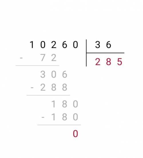 Распишите пример 10260:36 в столбик