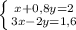 \left \{ {{x+0,8y=2}\atop{3x-2y=1,6}} \right.