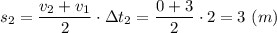 s_2 = \dfrac{v_2 + v_1}{2} \cdot \Delta t_2 = \dfrac{0 + 3}{2} \cdot 2 = 3~(m)