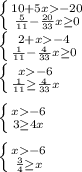 \left \{ {{10+5x-20} \atop {\frac{5}{11}-\frac{20}{33}x\geq 0}} \right. \\\left \{ {{2+x-4} \atop {\frac{1}{11}-\frac{4}{33}x\geq 0}} \right. \\\left \{ {{x-6 \atop {\frac{1}{11}\geq \frac{4}{33}x}} \right. \\\\\left \{ {{x-6 \atop {3\geq 4x}} \right. \\\\\left \{ {{x-6 \atop {\frac{3}{4} \geq x}} \right. \\