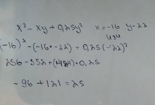 X^{2}-xy+0,25y^{2} при x=-16 y=-22 решение