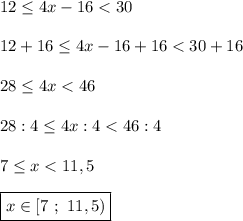 12\leq4x-16