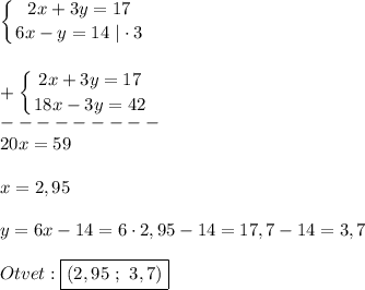 \displaystyle\left \{ {{2x+3y=17} \atop {6x-y=14} \ |\cdot3} \right. \\\\\\+\displaystyle\left \{ {{2x+3y=17} \atop {18x-3y=42}} \right. \\---------\\20x=59\\\\x=2,95\\\\y=6x-14=6\cdot2,95-14=17,7-14=3,7\\\\Otvet:\boxed{(2,95 \ ; \ 3,7)}