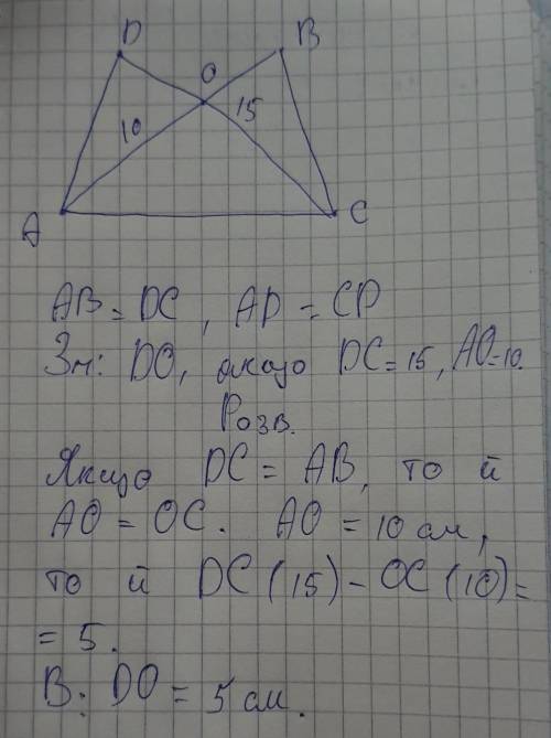 На рисунке AB=DC, AD=CB. Найдите DO, если DC=15, AO=10