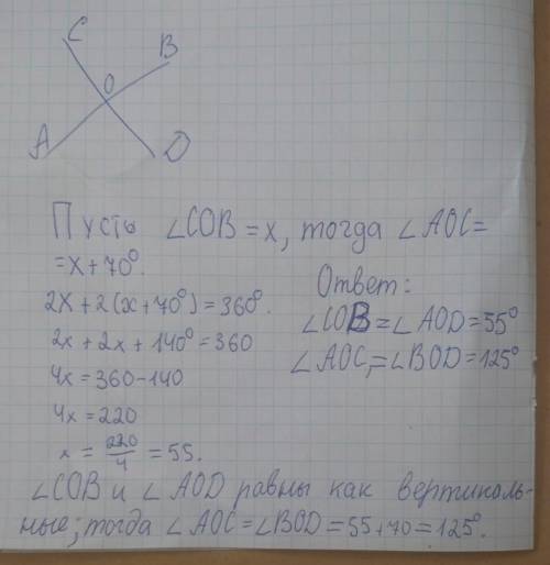 Знайди всі кути, що утворилися при перетині двох прямих, якщо один з них на70° більший від іншого.