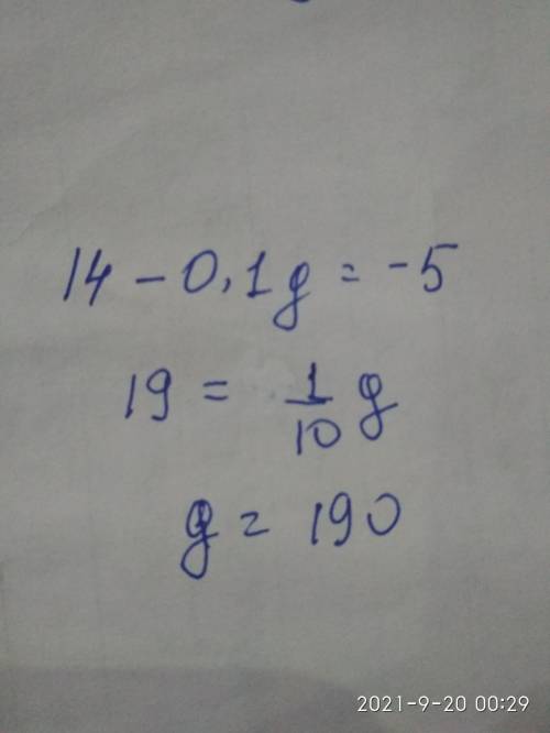 Найди корень уравнения: 14−0,1g=−5.