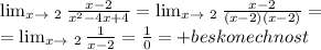 \lim_{x \to \ 2} \frac{x-2}{x^2-4x+4} = \lim_{x \to \ 2} \frac{x-2}{(x-2)(x-2)} =\\= \lim_{x \to \ 2} \frac{1}{x-2} =\frac{1}{0}=+beskonechnost