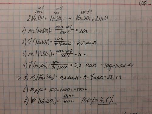 Найти W(соли) при взаимодействии растворов NaOH и H2SO4 (масса одинакова - 200 г, растворы 10-ти %)