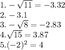 1. -\sqrt{11} = -3.32\\2. -3.1\\3. -\sqrt8 = -2.83\\4. \sqrt{15} = 3.87\\5. (-2)^2 = 4